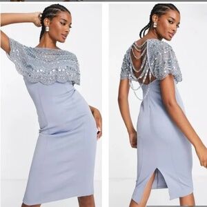 ASOS Design Embellished Cape Midi Scuba Dress Dusty Blue  Size -NWT